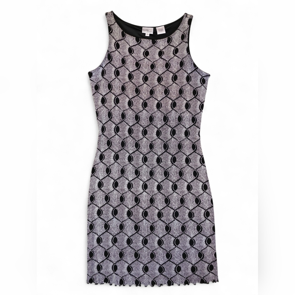 Vintage Y2K Black White 3D Dot Geometric Bodycon Retro Midi Dress Stretch Small